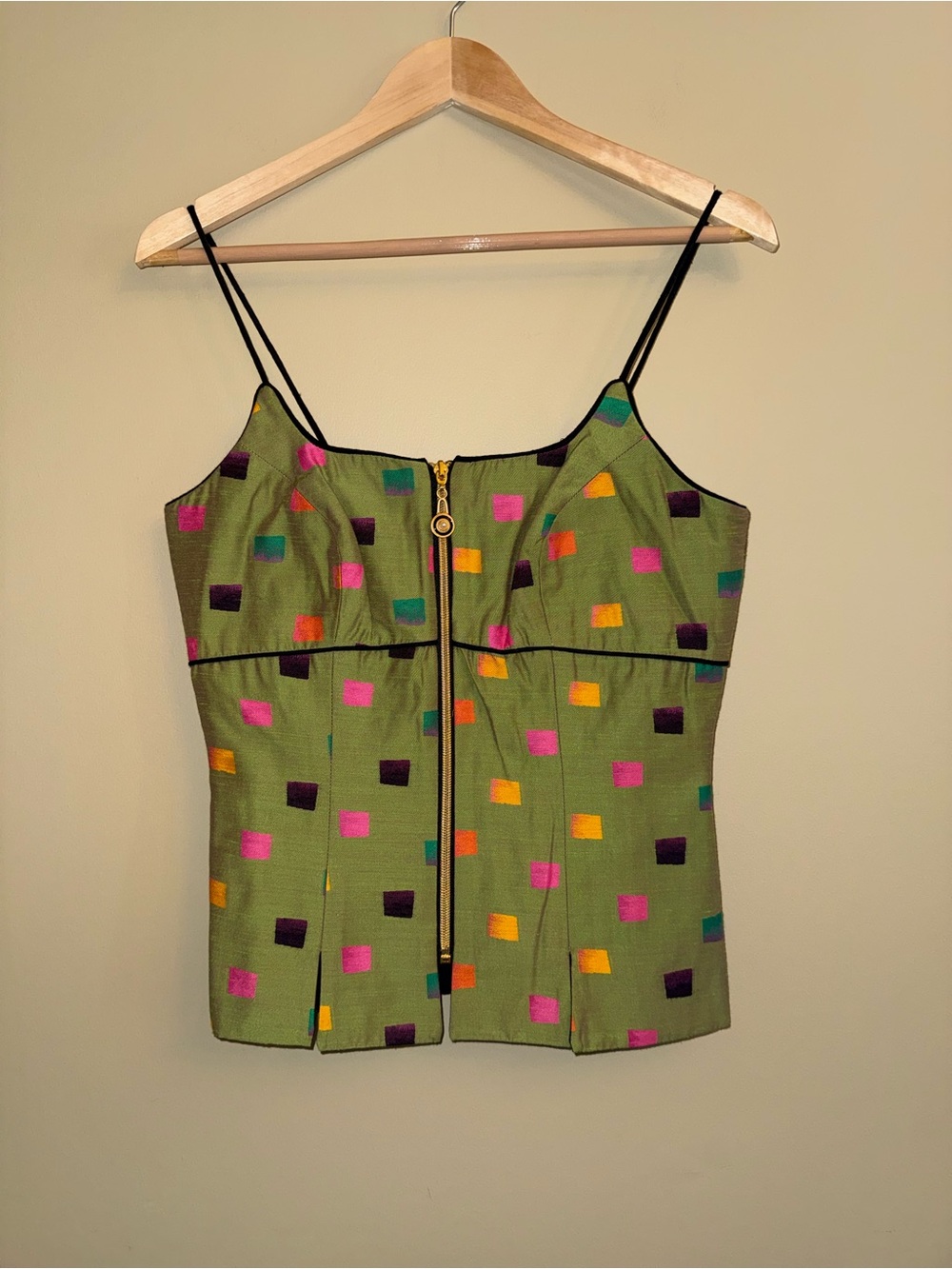 Vintage Linda Segal Retro Tank Front Zip Green Size 2 Colorful Poka Dots Summer